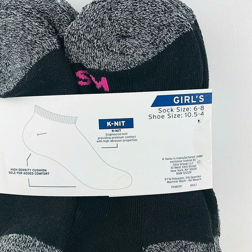 K Swiss Girls 6 Pair Low Cut Socks Black/Grey w Color Size 6-8 Shoe Sz 10.5-4